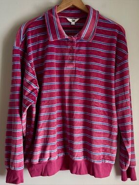 Ascot And Hart NWT Collared Striped Long Sleeve Velour Blouse Size Large